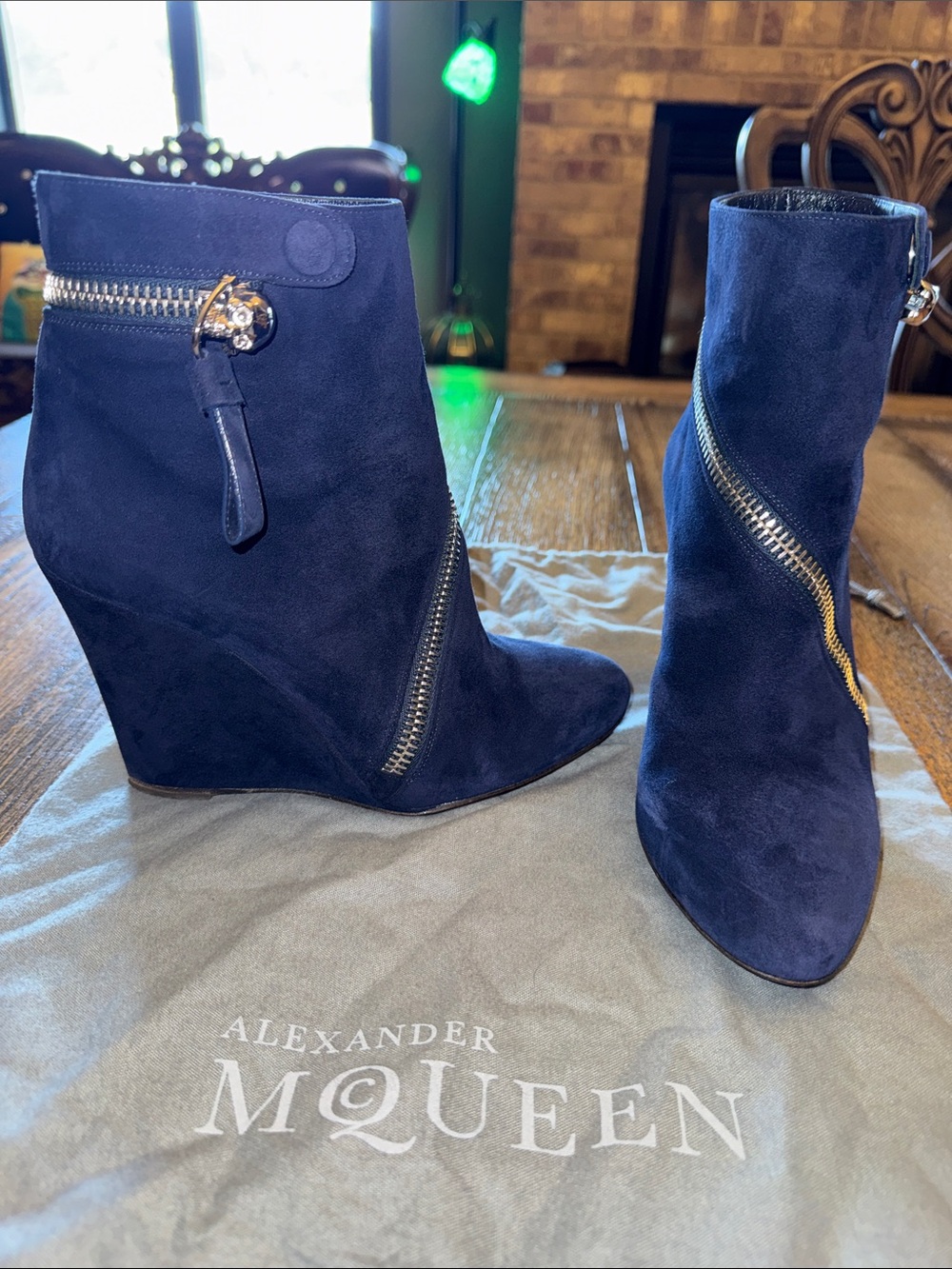 Alexander McQueen Skull Asymmetric Zipper Navy Suede Wedge Ankle Boots 2012